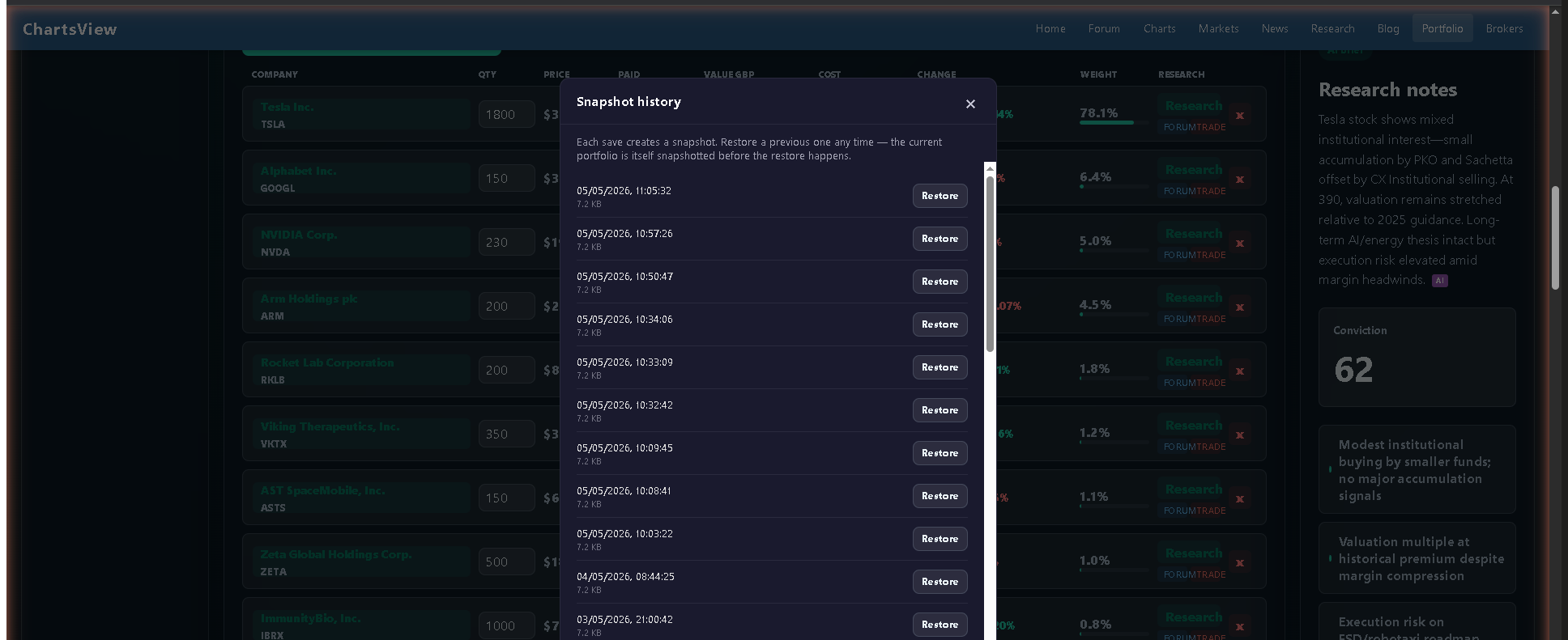 Live snapshot history modal showing multiple timestamped portfolio versions from today and previous days, each with a file size and a Restore button — overlaid on the holdings table behind it