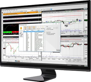 MetaStock price charts with indicators and an analysis panel on a monitor